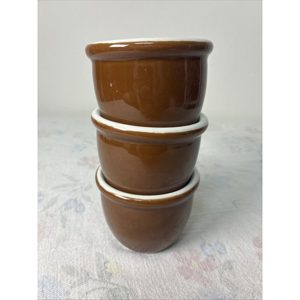 Vintage HALL Pottery BROWN CUSTARD CUP Ramekin Set of 3 MCM Rest Ware 351 1/2